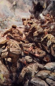 「ライフルと銃剣で正面攻撃を撃退」、「小屋で語られた：YMCAギフトブック」のイラスト、1916年発行 作： Cyrus Cuneo