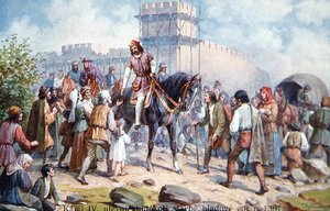 1361年にプラハの要塞を拡張した際、一般人に挨拶するシャルル4世 20世紀初頭のポストカード（カラーリトグラフ） 作： Czech School