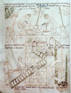 Ms 23 C 124 fol.3 Velislav聖書のc.1340からのバベルの塔の建設 作： Czech School
