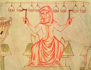 Mx XXIII C.124ベルを演奏するミュージシャン、ヴェリスラフ聖書、1340年頃 作： Czech School