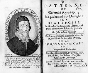 1651年にジョージグローバーによって彫刻されたJan Amos Komenskyの肖像画を含む、普遍的な知識のパターンへのタイトルページと口絵