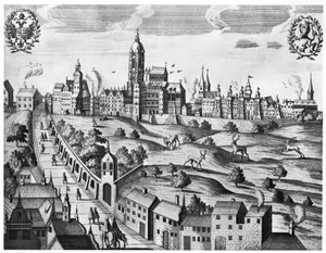 皇居と神学大学を示すプラハの眺め、1618年頃 作： Czech School