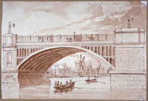 ボクソール橋の下を通過する小さなボートの眺め、ロンドン、1820年。 作： DHC