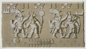 ティソックの石からの古代のアステカ族の戦士のレリーフ 作： D.K. Bonatti