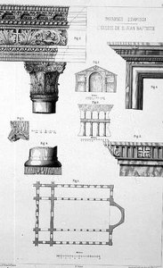インブロホル・ドザミシ（洗礼者ヨハネ教会）の平面図と建築詳細（ウィーンのレーマンとヴェンツェルが1870〜80年頃に出版した「コンスタンティノープルの教会建築」より）（リトグラフ 作： D. (after) Pulgher