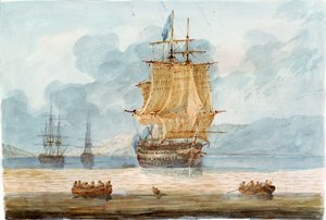 停泊中のイギリス軍艦とその他の船、前景に船のボート、1798-1805年頃（水彩画） 作： D. Tandy