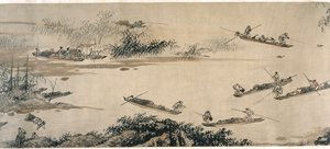 秋の川の漁師