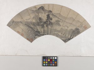 山水図有（金箔紙に墨、扇絵） 作： Dai Jin