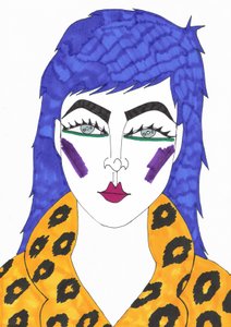 青い髪、2018年（紙にフェルトペン） 作： デイジー・ド・ヴィルヌーヴ