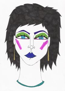 青い目の少女青い髪（紙にフェルトペン） 作： デイジー・ド・ヴィルヌーヴ
