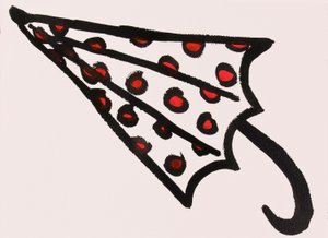 赤い斑点のある傘、2017年（紙に赤と黒の墨汁）