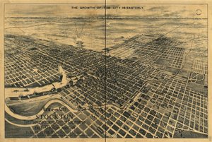 カリフォルニア州の製造都市、ストックトンの街の眺め。 イースト ストックトン追加の場所を示します。 作： Dakin Publishing Co.