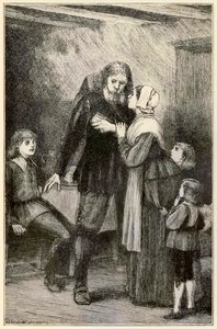 クリスチャンは彼の妻を巡礼者の進歩からこの世界へ、ジョン・バニヤン（1628-1688）によってもたらされるものへとトーマス・ダルジエル（1823-1906）によってイラストを打ち明ける 作： Dalziel Brothers