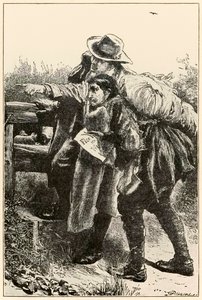 伝道者は、巡礼者の進歩からこの世界への道を、ジョン・バニヤン（1628-1688）によってもたらされるものへと導きます。 作： Dalziel Brothers
