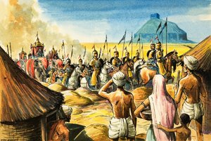 象と兵士の行列が砦に近づくのを見守るインドの原住民（紙にグワッシュ）