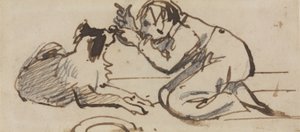 犬と遊ぶ子供（紙に鉛筆、ペン、茶色のインク） 作： Daniel Maclise