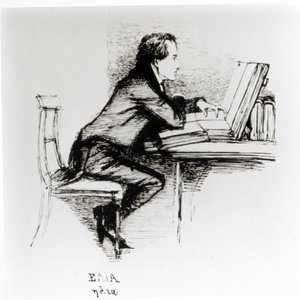 チャールズ ラム (1775-1834) の肖像 (紙にペンとインク) (白黒写真) 作： Daniel Maclise