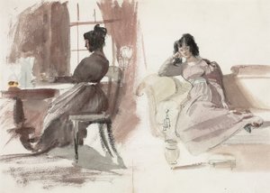 ピンクのドレスを着た若い女性がデスクに座り、長椅子に座っている習作 (紙に鉛筆と水彩)
