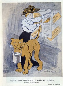 選挙ポスターを貼るマルグリット・デュラン - Daniel De Losques (Henri Casimir Paul Thouroude dit) (1880-1915)著、1910年04月01日付「Fantasio」による。 作： Daniel de Losques