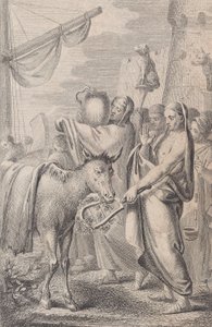 右は船の近くの人物、頭上に動物を持ち上げている人物、左は馬、1783 年 作： Daniel Berger