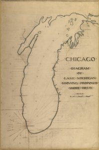 Plan of Chicago 1909: Chicago のプレート 35、およびミシガン湖の図。 提案された道路... 作： ダニエル・バーナム