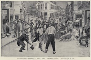 1827年、ファイブ・ポインツでのスウェルとバワリー・ボホイの出会い（リトグラフ版 作： Daniel Carter  Beard