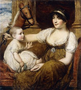 ホビーホースを持って、子供と遊ぶ母親 作： Daniel Gardner
