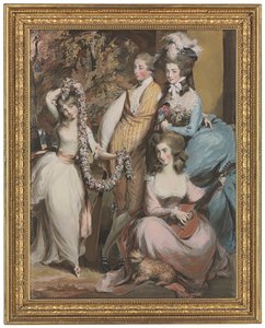 3人の長男、ダイアナ、メアリー、ハンフリーと立つクリシェルのメアリー・スターツ（1740-1807）の全身肖像画（鉛筆、パステル、ボディーカラー） 作： Daniel Gardner