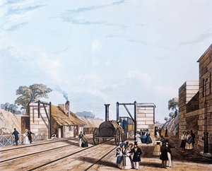 リバプールとマンチェスター鉄道：1831年にパークサイドで水を飲む（アクアチント）