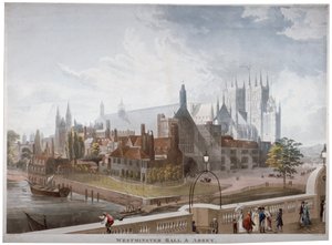 ウェストミンスター ホールと修道院の眺め、ウェストミンスター ブリッジ、ロンドン、1819 年。 作： Daniel Havell