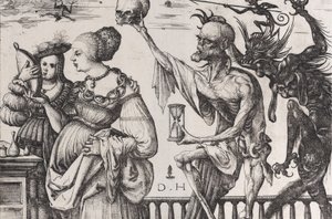 2 人の女性を驚かせる死と悪魔, ca. 1515年。 作： Daniel Hopfer