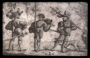 鉾で武装した 3 人のドイツ兵 作： Daniel Hopfer