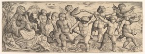 1530年代、風景の中で天使が踊る聖母子。 作： Daniel Hopfer