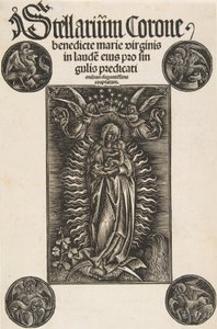 Pelbartus de Temesvar のタイトルページ、クレセントの聖母: Stellarium corone Schr. 2869年...、1502年。 作： Daniel Hopfer.