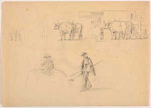 素描、納屋；人物と牛、1878年