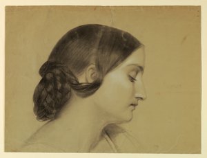 ドローイング、三つ編みの結び目を持つ女性の横顔、1845年頃