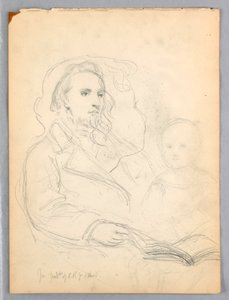 デッサン、「慈愛のレッスン」のスケッチとピーター・リチャーズ・ジュニアの肖像画、1849年