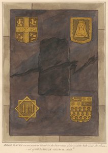 シャンセル近くの中央通路の舗装にある正体不明の墓の真ちゅう製のプレート 作： Daniel Lysons