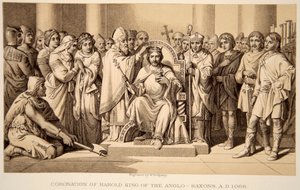 W.リッジウェイによって彫刻された1066年のハロルド2世の戴冠式 作： Daniel Maclise