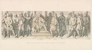 ハロルドと彼の仲間は、囚人として、ポンチューの男と彼のノーマン騎士団の前に連れて行きました 作： Daniel Maclise