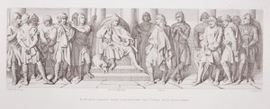 ハロルドと彼の仲間は、囚人として、L。グルーナーによって刻まれた「ノルマン征服の物語」（1866年）から、ポンチューの男と彼のノーマン騎士の前に連れてきました。 作： Daniel Maclise