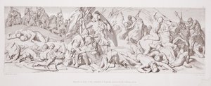 イギリスの規格の前にあるハロルドは、1866年にL.グルーナーによって彫刻された「ノーマン征服の物語」から落ちてくる矢が突き刺さっています。 作： Daniel Maclise