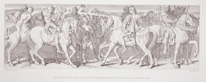 1866年にL.グルーナーによって刻まれた「ノーマン征服の物語」からのスタンフォードブリッジの戦いの前の、トスティグとその兄弟、トスティグの同盟者であるハードラダとのハロルドのインタビュー 作： Daniel Maclise