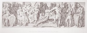 ウィリアムへのハロルドの忠誠の誓い、聖人の隠された遺物を誓った、L。グルーナーによって刻まれた「ノーマン征服の物語」から1866