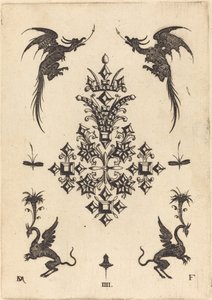 テーブルストーン、上部に翼のあるドラゴン、下部にグリフィンのブローチ。 作： Daniel Mignot