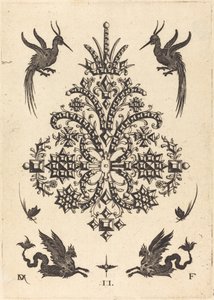 テーブルストーンと翼のあるグリフィンが上下に付いたブローチ 作： Daniel Mignot