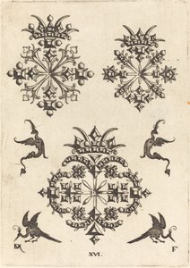 左、右、下に幻想的な鳥が描かれた3つのブローチ 作： Daniel Mignot