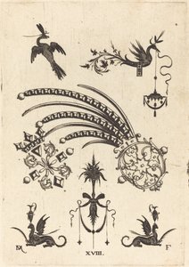 上部に鳥と翼のあるヘビ、下部に花瓶が付いたグリフィンの 2 つのブローチ 作： Daniel Mignot