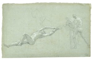 ジブラルタル包囲戦の研究（救出された人物とオールを引く2人の人物の研究）、1785-1786（灰緑色の紙に白黒チョーク） 作： Daniel Mytens