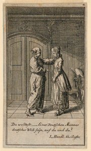女の子と話している父または保護者、「Königl: Grosbrit [anian] 系図カレンダー for the 1782 年 Lauenberg by J.G. Berenberg」の Fredrich Wilhelm Grossman による劇「Not more than sachs Schuesseln」のイラスト 作： Daniel Nikolaus Chodowiecki